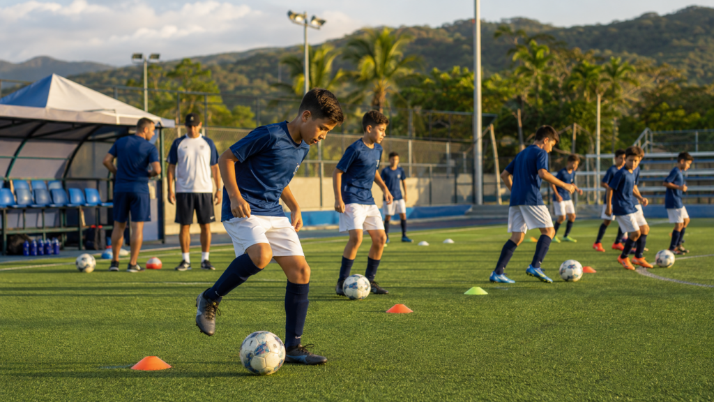 Jugadores de fútbol base calentando