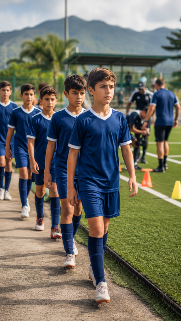 Jugadores jóvenes entrando en la cancha